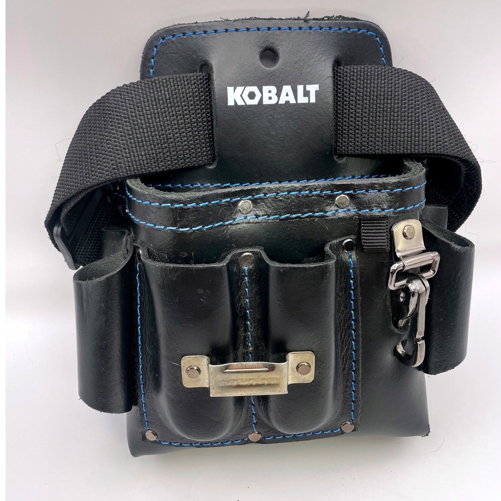 Kobalt Black Leather Tool Pouch with Blue Stitching and Adjustable Web Belt